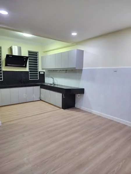 Kitchen features: black granite countertop, white cabinetry with flat-panel design, stainless-steel range hood, single-bowl stainless-steel sink, chrome pull-down faucet, tile backsplash, laminate flooring, recessed LED downlights, window with horizontal slats, open layout; style: modern.