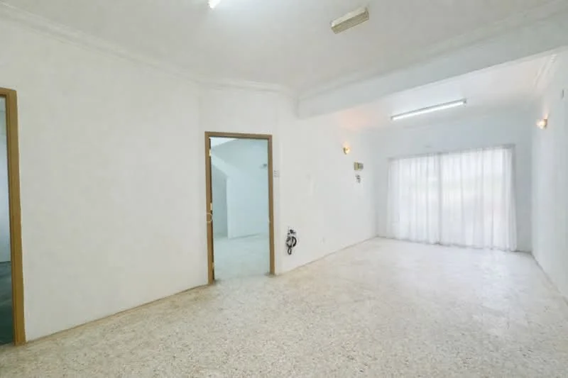 Room features: white painted walls, textured ceiling, floor-to-ceiling windows with sheer curtains, light-colored flooring, recessed ceiling lights, doorway leading to another room, doorway leading outside, no visible furniture or decor; style: minimalist.