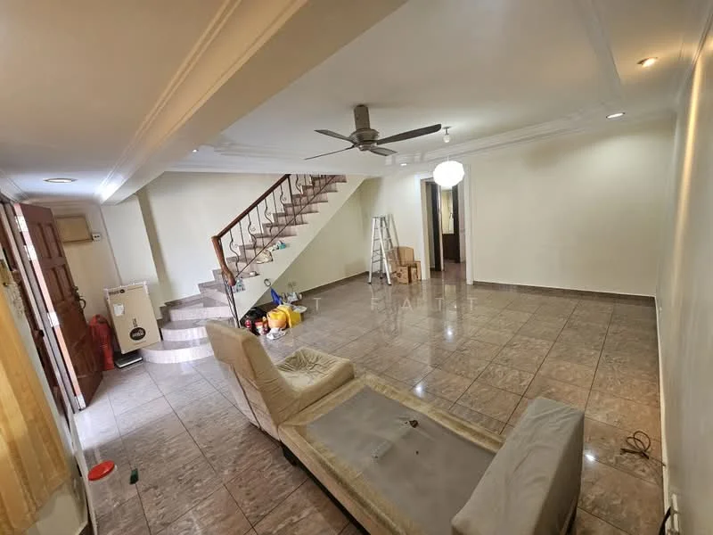 Living features: cream painted walls, glossy tile flooring, 5-blade ceiling fan, recessed downlights, staircase with wooden handrail, large window for natural light, sofa, decorative light fixture, ladder, open layout, wall-mounted light switch; style: modern.