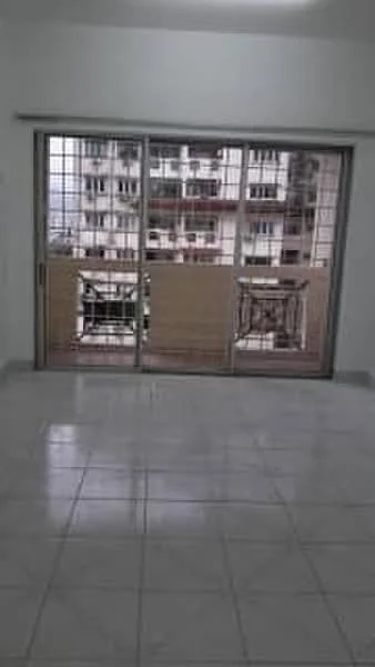 Room features: large sliding glass door, white walls, grey tiled flooring, balcony with railing, city view from balcony, natural light from large windows; style: modern; view: city.