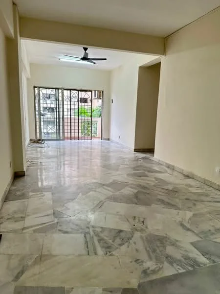 Living features: marble flooring, white painted walls, 5-blade ceiling fan with light, floor-to-ceiling windows, sliding glass door, natural light from windows, open layout, view of garden; style: modern; view: garden.