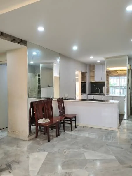 Kitchen features: white cabinetry, marble countertop, stainless-steel sink, chrome pull-down faucet, built-in oven, freestanding range oven, refrigerator, open shelving, tile backsplash, pendant lighting, marble tile flooring, recessed downlights; style: modern. Dining features: wooden dining chairs, open layout, adjacent to kitchen; style: modern.