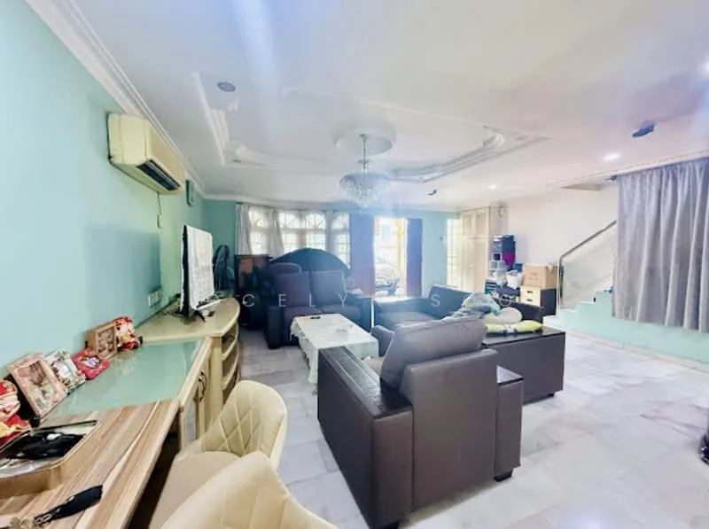 Living features: light grey painted walls, white ceiling with crown moulding, marble flooring, 3-seater brown leather sofa, 2-seater brown leather sofa, coffee table, TV console, wall-mounted TV, air conditioning unit, chandelier, curtains, decorative items on console; style: contemporary.