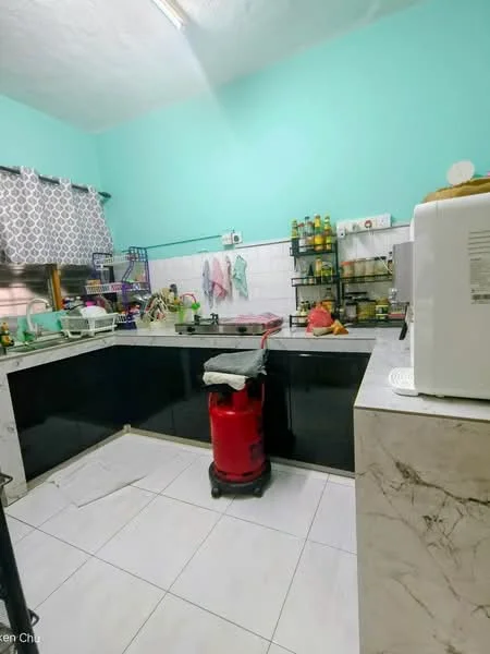 Kitchen features: turquoise painted walls, white tiled backsplash, black laminate countertops, marble tile flooring, stainless-steel sink, chrome pull-down faucet, open shelving, kitchen appliances including microwave, gas stove, kitchen cart, window with sheer curtains; style: modern.
