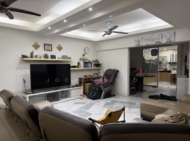 Living features: 5-blade ceiling fan with light, recessed downlights, white painted walls, marble tile flooring, wall-mounted TV, TV console, sofa in beige, coffee table, decorative items on shelves, clock on wall, open layout to kitchen, area rug with geometric pattern; style: modern. Kitchen features: open layout, kitchen island, stainless-steel appliances, wood cabinetry, countertop, dining table, refrigerator, sink; style: modern.
