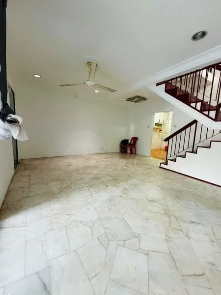 Living features: marble flooring, white painted walls, 5-blade ceiling fan, recessed downlights, staircase with wooden railing, natural light from windows, open layout, no visible furniture; style: modern.