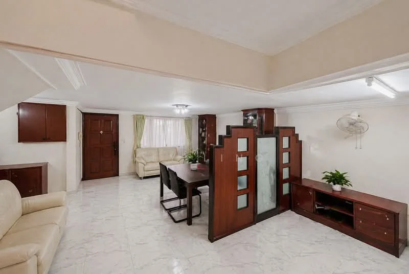 Living features: cream leather sofa, wooden dining table with black legs, wooden sideboard, built-in cabinetry, marble tile flooring, white painted walls, ceiling light fixture, window with sheer curtains, potted plants, wall-mounted fan; style: modern.