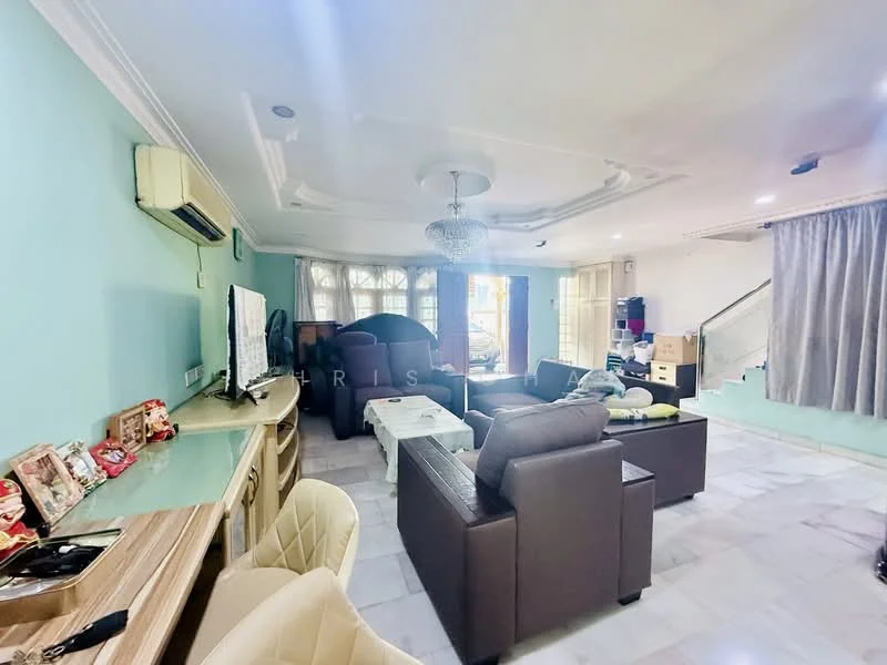 Living features: light blue painted walls, marble flooring, tray ceiling with chandelier, floor-to-ceiling windows, curtains, 3-seater brown leather sofa, 2-seater brown leather sofa, coffee table, TV console, wall-mounted TV, air conditioning unit, decorative wall art, area rug; style: modern.