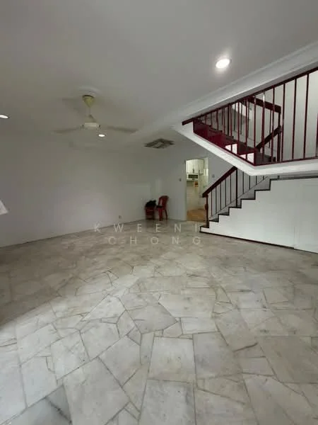 Room features: marble flooring, white painted walls, ceiling fan, staircase with wooden railing, recessed lighting, open layout, large floor space, no visible furniture; style: modern.