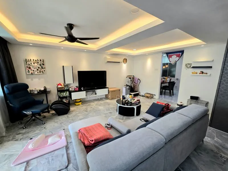 Living features: grey fabric sectional sofa, black coffee table, 3-blade ceiling fan with integrated LED light, wall-mounted TV, TV console, marble tile flooring, recessed ceiling lights, decorative wall art, black curtains, open shelving unit, area rug; style: modern.