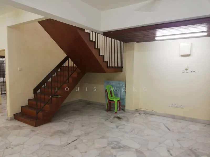 Living features: marble flooring, white painted walls, wooden staircase with railing, ceiling fan, light fixtures, corner with a chair, open layout, natural light from windows; style: modern.