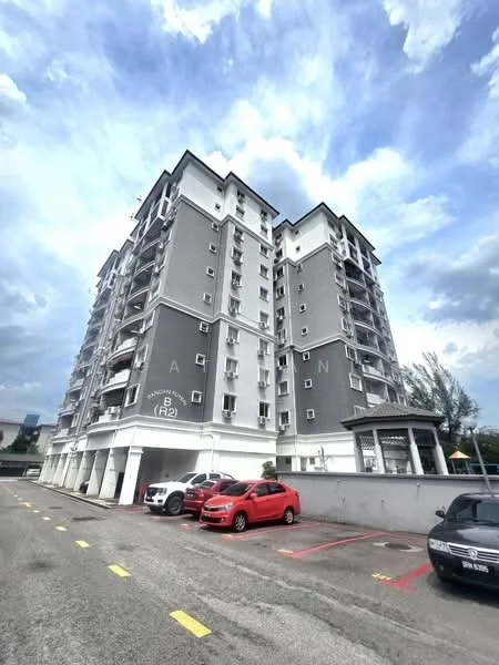Exterior type: mid-rise condominium; features: grey painted facade, recessed balconies, multiple windows, flat roof, approximately 5-storey, manicured landscaping, parking lot, covered entrance, surrounded by greenery; style: modern.