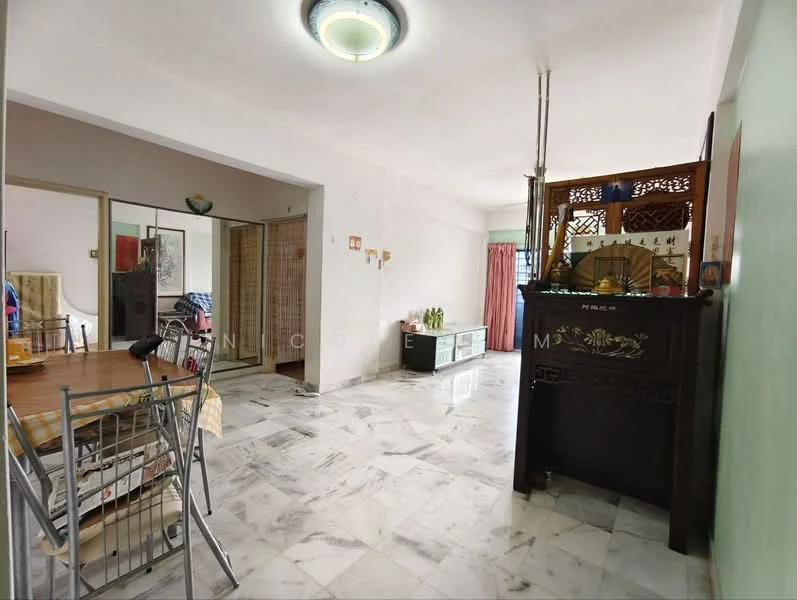 Dining features: marble flooring, round dining table, upholstered dining chairs, ceiling light fixture, decorative wooden partition, curtains, wall-mounted mirror, open shelving unit; style: traditional. Living features: marble flooring, sofa, coffee table, decorative wooden partition, wall-mounted mirror, curtains; style: traditional.