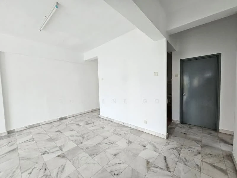 Room features: white painted walls, marble tile flooring, ceiling with exposed beams, single door, large open space, natural light from windows, neutral color scheme; style: minimalist.