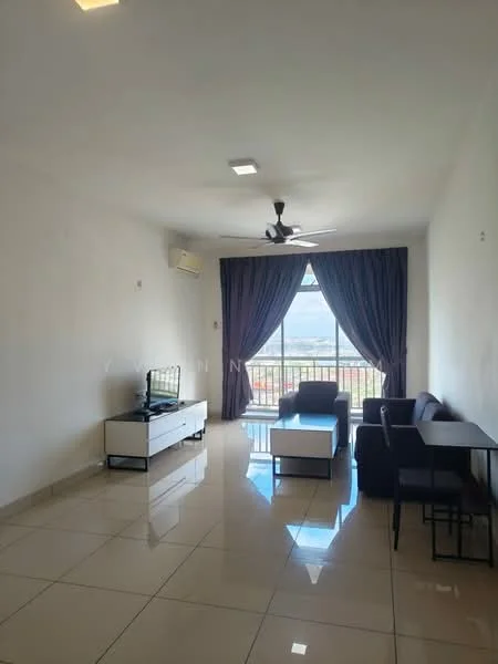 Living features: white painted walls, glossy tile flooring, 5-blade ceiling fan with light, floor-to-ceiling windows, dark curtains, black fabric sofa, 2-seater coffee table, TV console, wall-mounted TV, air conditioning unit; style: modern; view: city.