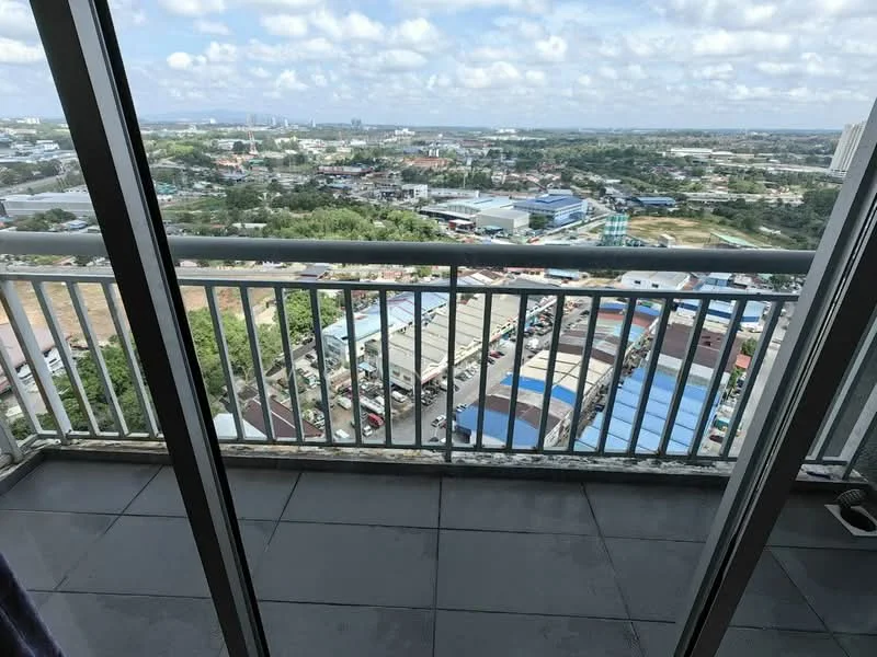Balcony features: sliding glass door, metal railing, grey tiled flooring, city view, outdoor space; view: city.