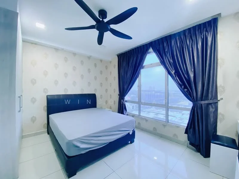 Bedroom features: king-size bed, upholstered headboard, floor-to-ceiling windows, blackout curtains, white painted walls, glossy tile flooring, 5-blade ceiling fan, decorative wallpaper, built-in wardrobe; style: modern; view: city.