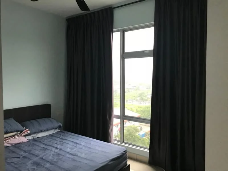 Bedroom features: queen-size bed, upholstered headboard, dark curtains, floor-to-ceiling windows, light blue painted walls, ceiling fan, tile flooring, decorative pillows; style: modern; view: city.