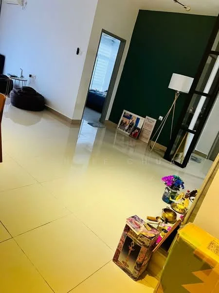Room features: white painted walls, green accent wall, glossy tile flooring, floor-to-ceiling windows, modern floor lamp, decorative items on the floor, sofa in the background, open layout; style: modern.