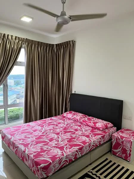 Bedroom features: king-size bed with pink floral bedding, upholstered headboard, floor-to-ceiling windows, brown curtains, white painted walls, polished tile flooring, ceiling fan with light, nightstand, area rug with striped pattern; style: modern; view: city.