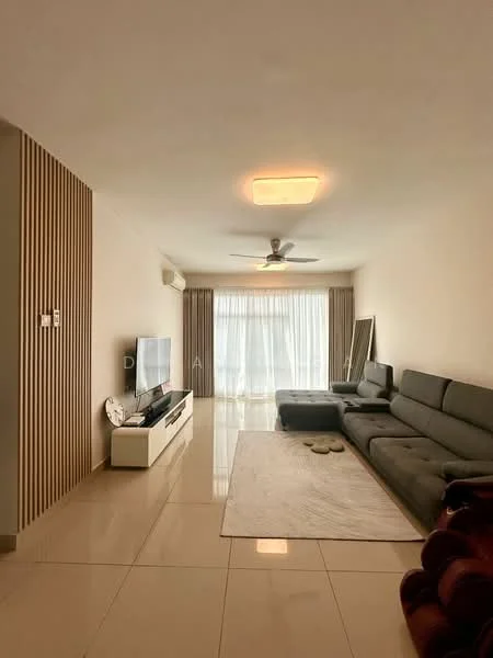 Living features: grey L-shape sectional sofa, white coffee table, wall-mounted TV, TV console with storage, cream area rug, floor-to-ceiling windows, sheer curtains, recessed ceiling lights, 5-blade ceiling fan, light-coloured walls, glossy tile flooring, decorative mirror, wood accent wall; style: modern; view: city.