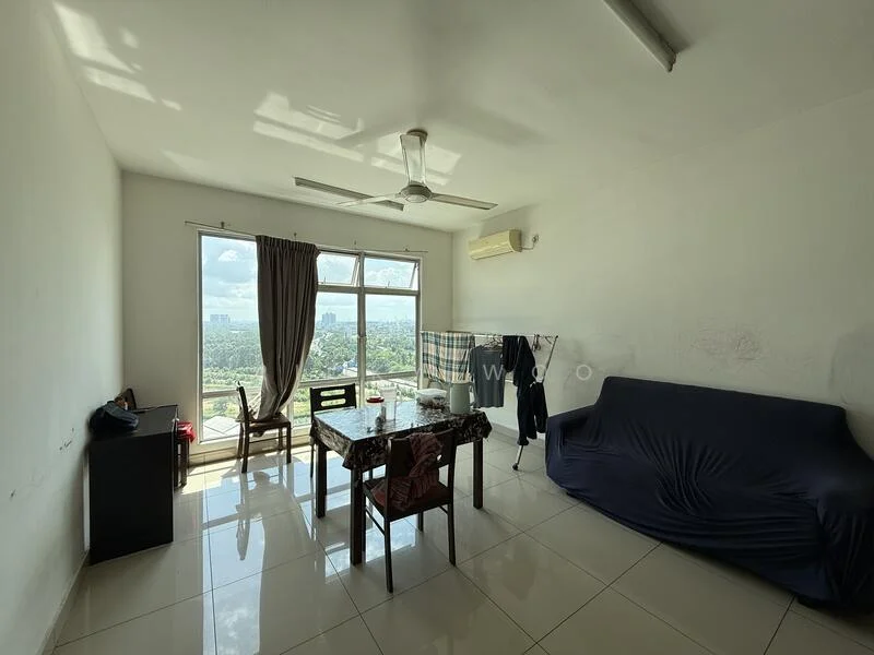 Living features: white painted walls, glossy tile flooring, 5-blade ceiling fan, floor-to-ceiling windows, curtains, dining table with chairs, sofa in navy blue fabric, air conditioning unit, clothes drying rack, view of city skyline; style: modern; view: city.