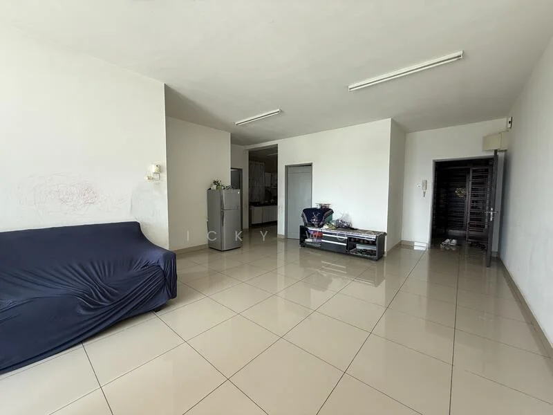 Living features: white painted walls, glossy ceramic tile flooring, recessed ceiling lights, sofa covered in dark fabric, TV console, open layout, doorway leading to kitchen, doorway leading to hallway; style: modern.