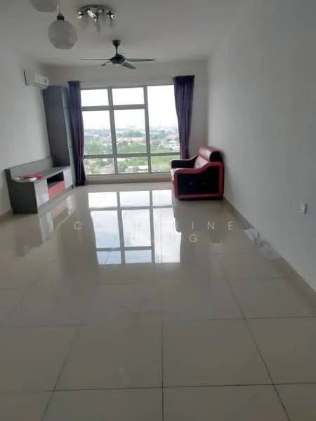 Living features: large floor-to-ceiling windows, grey accent wall, white painted walls, polished ceramic tile flooring, 5-blade ceiling fan with light, sofa in red and black, TV console with storage, curtains in purple, air conditioning unit; style: modern; view: city.