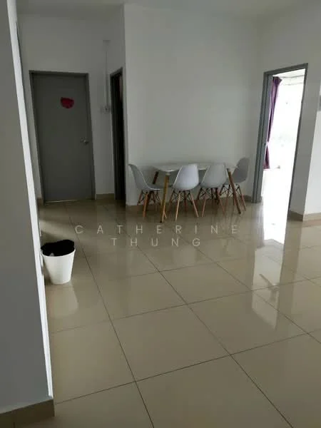 Dining features: white walls, glossy beige tile flooring, dining table with white surface, 4 white chairs with wooden legs, large window with sheer curtains, doorway leading to another room, waste bin, neutral decor; style: modern. Room features: white walls, glossy beige tile flooring, doorway leading to hallway, doorway leading to another room.