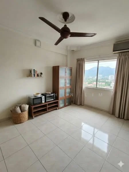 Living features: white painted walls, glossy ceramic tile flooring, 5-blade ceiling fan, large window with mountain view, curtains, wooden shelving unit, microwave, storage baskets, open floor space; style: modern; view: mountain.