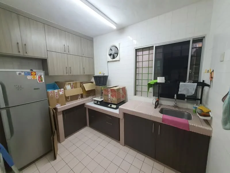 Kitchen features: grey and beige cabinetry, double-bowl stainless-steel sink, chrome pull-down faucet, countertop with pink tile, built-in refrigerator, wall-mounted exhaust fan, window with grid pattern, tile flooring, boxes and kitchen appliances on countertop, white tiled walls; style: modern.