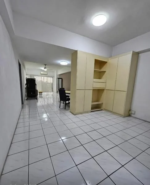 Room features: white painted walls, white ceiling, recessed ceiling lights, glossy white tile flooring, built-in cabinetry in light wood, dining table with chairs, open layout, large windows for natural light; style: modern.