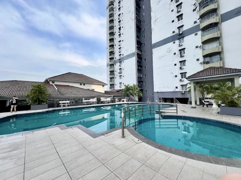 Exterior type: high-rise condominium; features: infinity pool, swimming pool deck with loungers, surrounded by palm trees, tile flooring around pool area, balconies on building facade, multiple storeys visible, landscaped garden area, poolside pavilion; style: modern.
