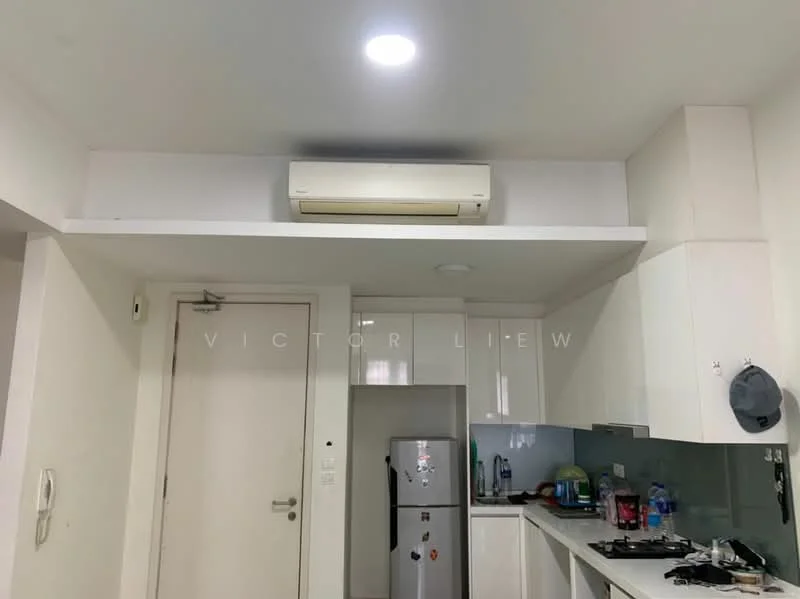 Kitchen features: white cabinetry, stainless-steel fridge, glass backsplash, built-in oven, gas hob, exhaust hood, wall-mounted split AC, white walls, recessed ceiling lights, countertop with sink; style: modern.