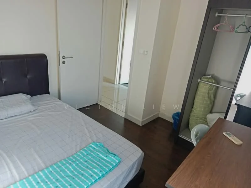 Bedroom features: queen-size bed, upholstered headboard, wooden flooring, white painted walls, built-in wardrobe, study desk, chair, window with natural light; style: modern.