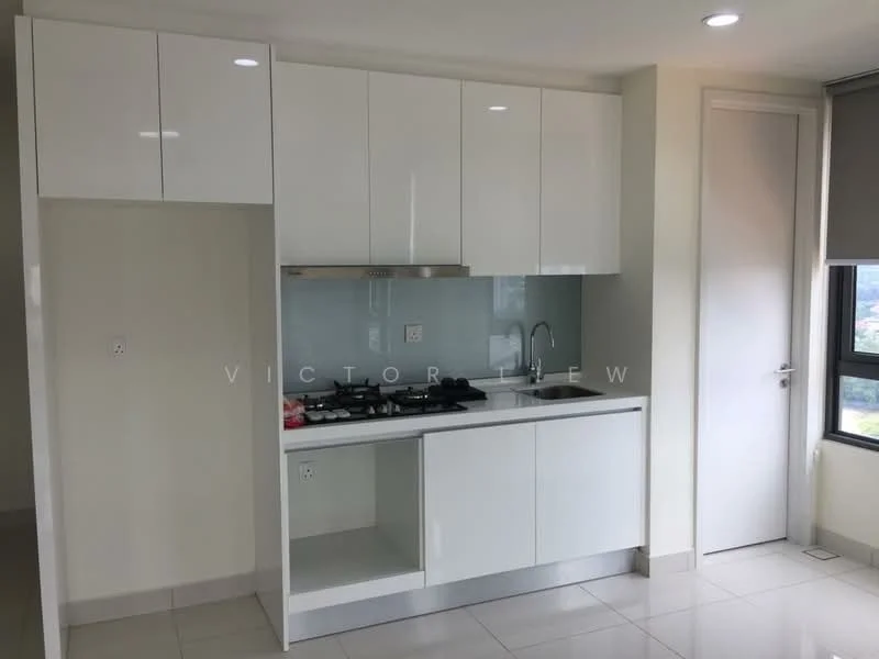 Kitchen features: white cabinetry, stainless-steel countertop, built-in gas hob, stainless-steel range hood, single-bowl stainless-steel sink, chrome pull-down faucet, glass backsplash, white tiled flooring, recessed downlights, floor-to-ceiling window, sliding door; style: modern; view: city.