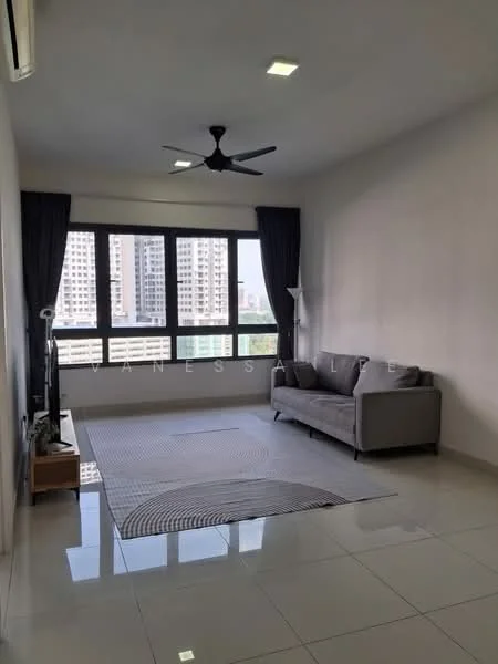 Living features: grey fabric sofa, area rug with circular pattern, floor-to-ceiling windows, blackout curtains, recessed LED downlights, 5-blade ceiling fan, white painted walls, glossy ceramic tile flooring, TV console, wall-mounted TV; style: modern; view: city.