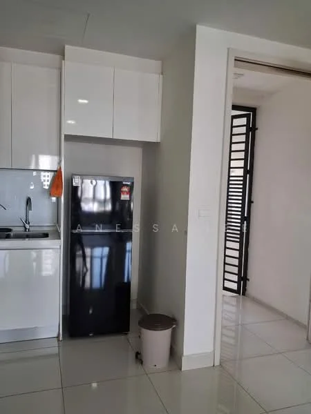 Kitchen features: white cabinetry, black fridge, stainless-steel sink, chrome pull-down faucet, white countertop, ceramic tile flooring, recessed downlights, open shelving, kitchen island; style: modern. Room features: white walls, sliding door, natural light from window.