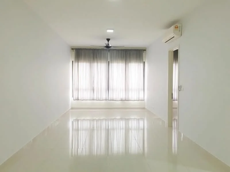 Room features: white painted walls, glossy tile flooring, 5-blade ceiling fan, floor-to-ceiling windows with sheer curtains, recessed downlights, air conditioning unit, neutral color scheme; style: modern.