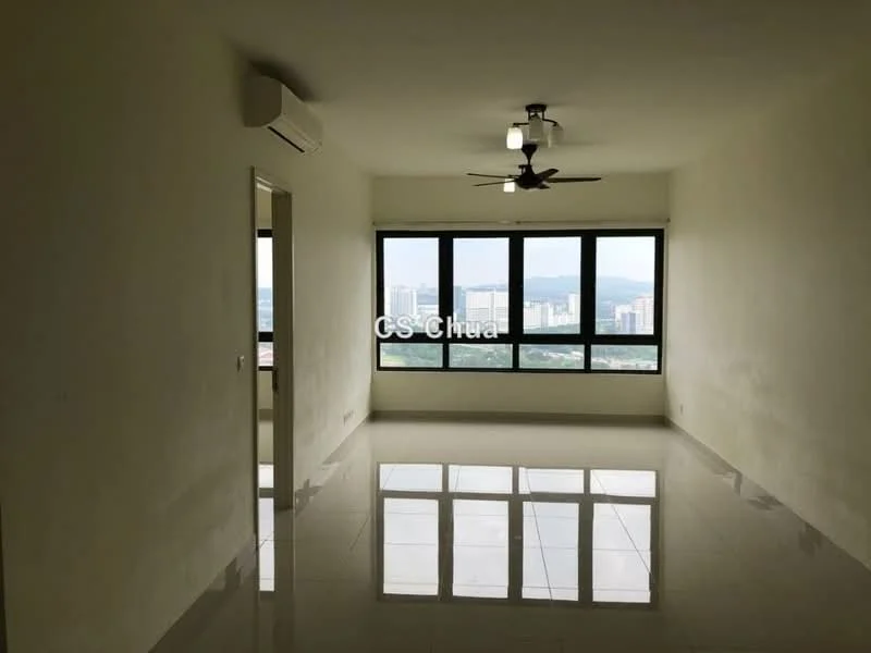 Living features: white painted walls, polished ceramic tile flooring, 5-blade ceiling fan with light, floor-to-ceiling windows, city view, air conditioning unit; style: modern; view: city.