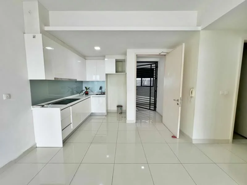 Kitchen features: white cabinetry, white countertop, stainless-steel sink, chrome pull-down faucet, built-in oven, freestanding range oven, ceramic tile flooring, glass backsplash, recessed downlights, floor-to-ceiling windows, open layout, pantry, kitchen island; style: modern. Room features: white painted walls, sliding door, open space, natural light.