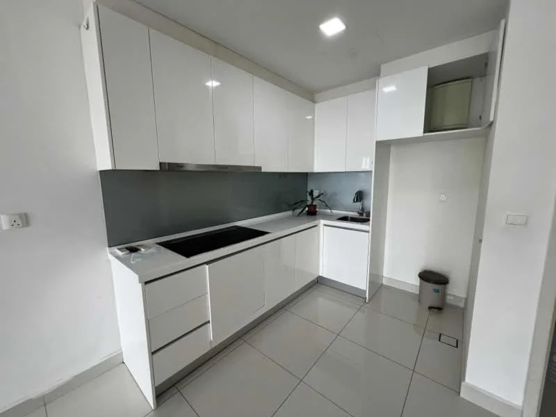 Kitchen features: white high-gloss cabinetry, black countertop, built-in oven, induction cooktop, stainless-steel sink, chrome pull-down faucet, grey backsplash, ceramic tile flooring, recessed LED downlights, open shelving, kitchen island, built-in microwave, waste bin, wall-mounted cabinet; style: modern.