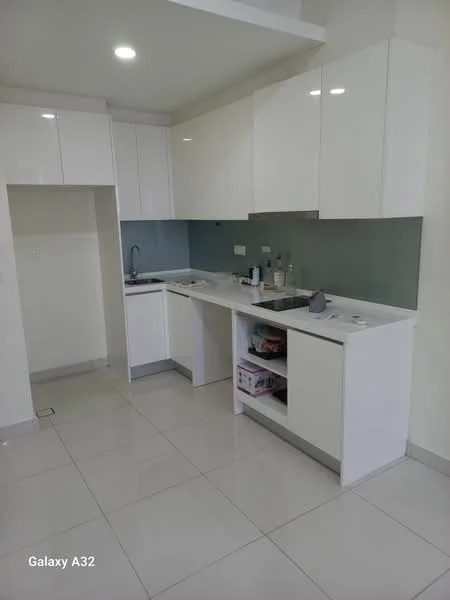 Kitchen features: white cabinetry, marble countertop, stainless-steel sink, chrome pull-down faucet, built-in stove, white tiled backsplash, under-cabinet lighting, ceramic tile flooring, recessed ceiling lights; style: modern.