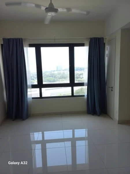 Room features: floor-to-ceiling windows, white painted walls, light grey curtains, white ceiling, 5-blade ceiling fan with light, glossy tile flooring, city view; style: modern; view: city.