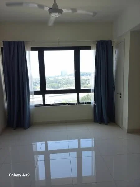 Room features: floor-to-ceiling windows, white painted walls, light grey curtains, white ceiling, 5-blade ceiling fan with light, glossy tile flooring, city view, neutral decor; style: modern; view: city.