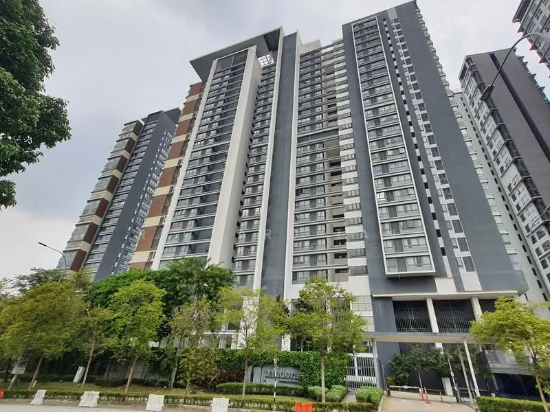 Exterior type: high-rise condominium; features: glass curtain wall, grey painted facade, recessed balconies, vertical fins, landscaped greenery at base, multiple storeys, modern architectural design; style: modern.