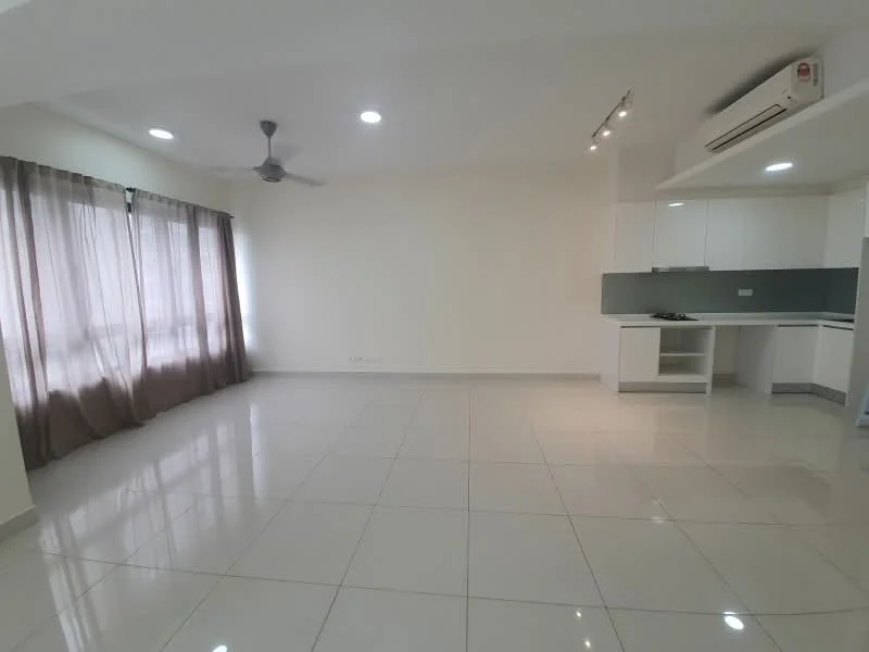 Living features: white painted walls, glossy ceramic tile flooring, 5-blade ceiling fan with light, recessed LED downlights, floor-to-ceiling windows with sheer curtains, open kitchen layout, air conditioning unit, neutral color scheme; style: modern.