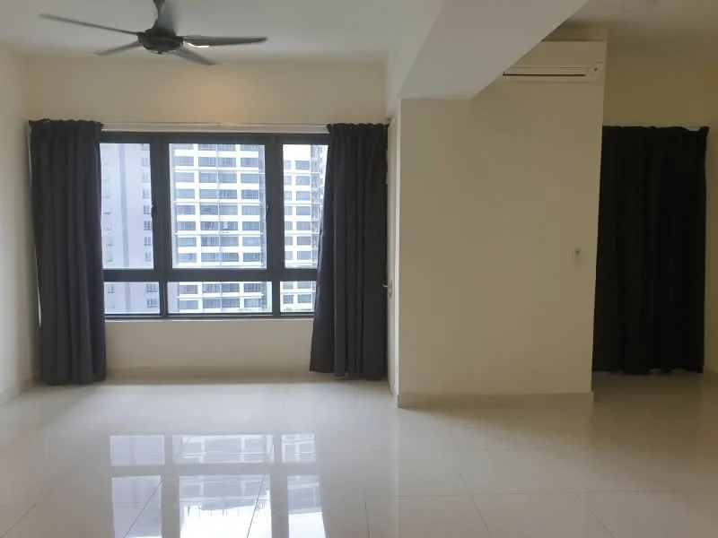 Room features: floor-to-ceiling windows, grey curtains, white painted walls, polished ceramic tile flooring, 1 wall-mounted split AC, ceiling fan, neutral color scheme; style: modern; view: city.
