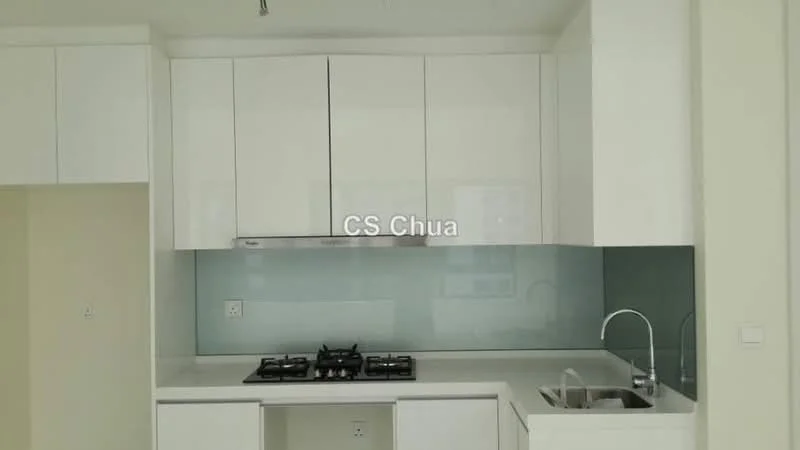 Kitchen features: white cabinetry, glass backsplash in light blue, stainless-steel gas hob, stainless-steel range hood, single-bowl stainless-steel sink, chrome pull-down faucet, white countertop, built-in oven; style: modern.