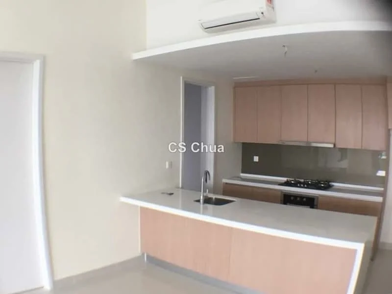 Kitchen features: light wood cabinetry, white countertop, stainless-steel sink, chrome pull-down faucet, built-in gas stove, wall-mounted split AC, cream painted walls, ceramic tile flooring; style: modern.